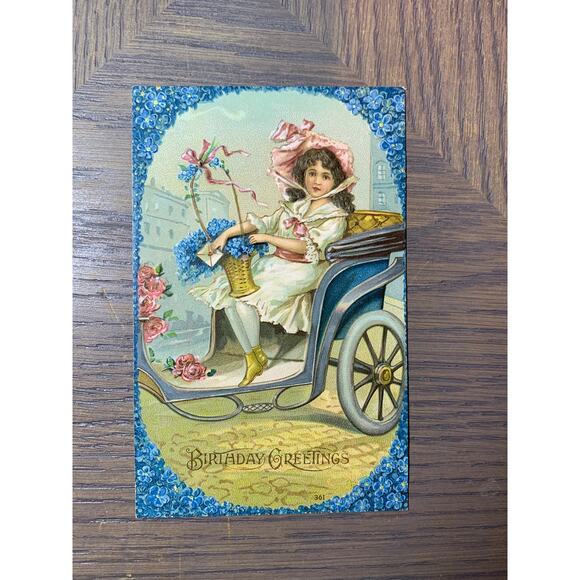 Birthday Greetings, Woman with Flowers in a Carriage, Vintage Postcard, - Picture 1 of 2
